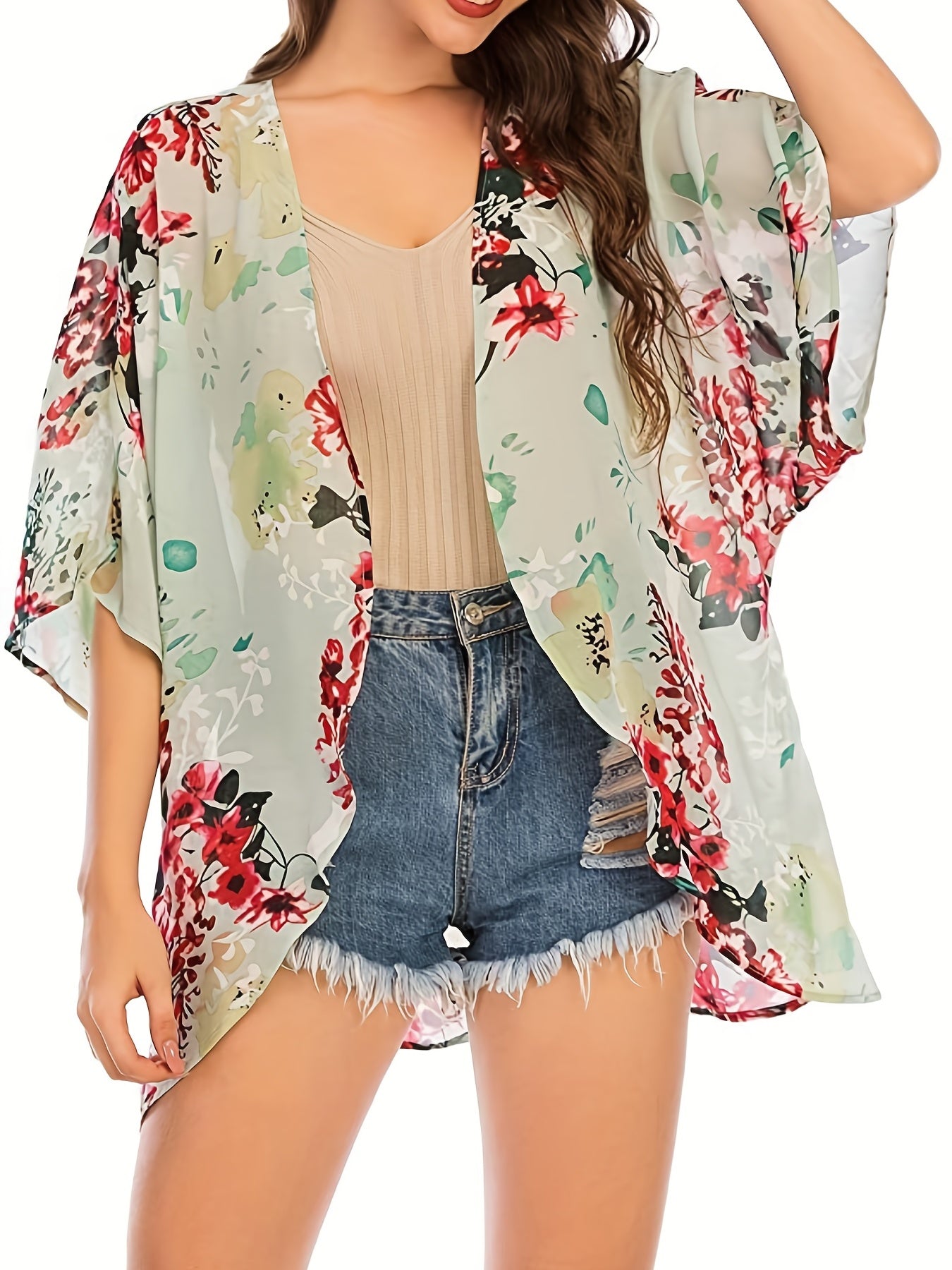 Floral Print Cover Up Shirt V Neck Loose Fit Semi Sheer Cover Up Shirt