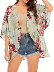 Floral Print Cover Up Shirt V Neck Loose Fit Semi Sheer Cover Up Shirt