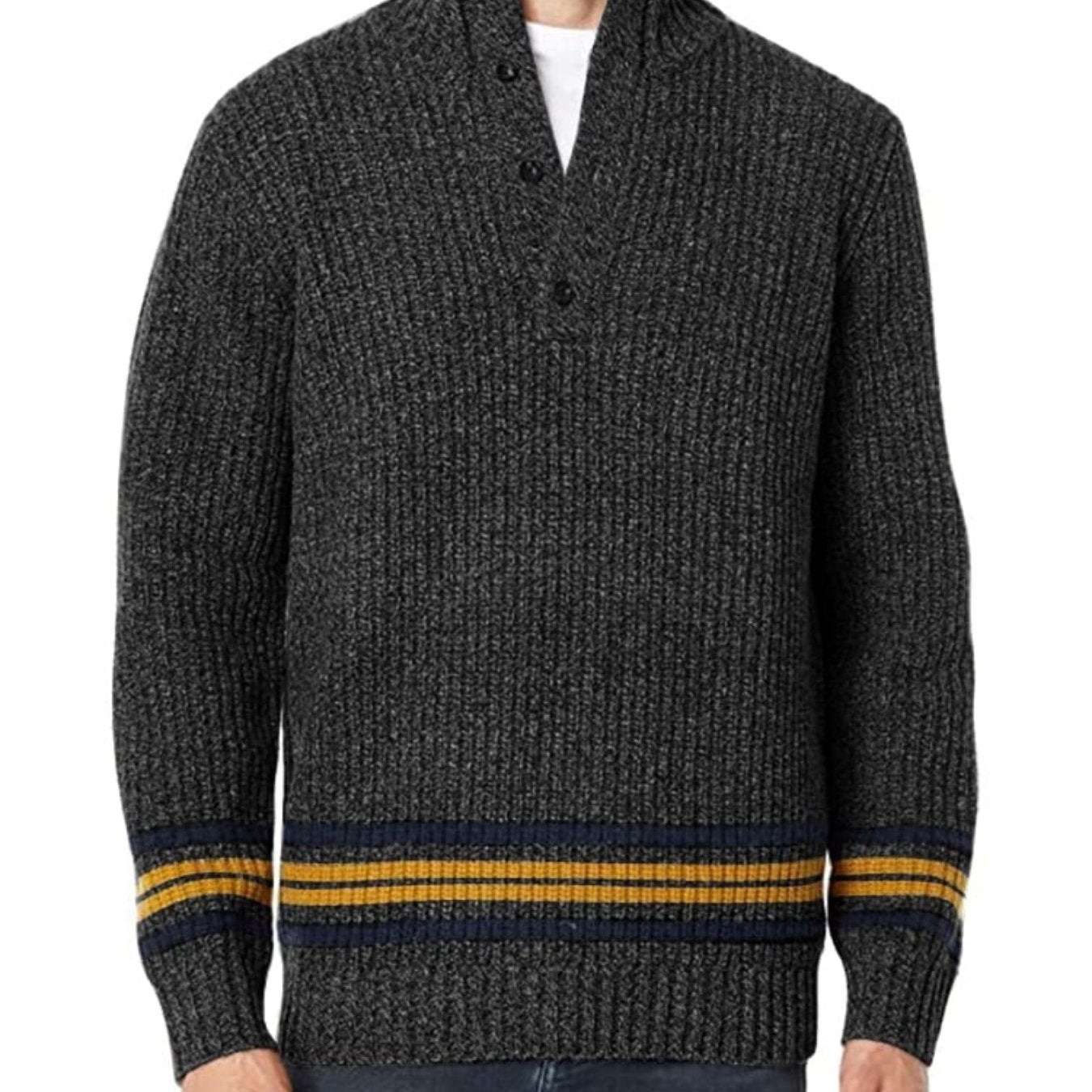 Men's Striped Stand Collar V Neck Knitted Sweater Button Up Cardigan