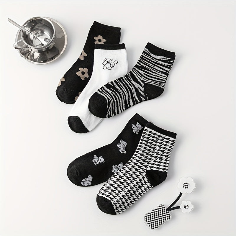 5 Pairs Cartoon Pattern Mid Tube Socks for Women