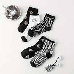 5 Pairs Cartoon Pattern Mid Tube Socks for Women