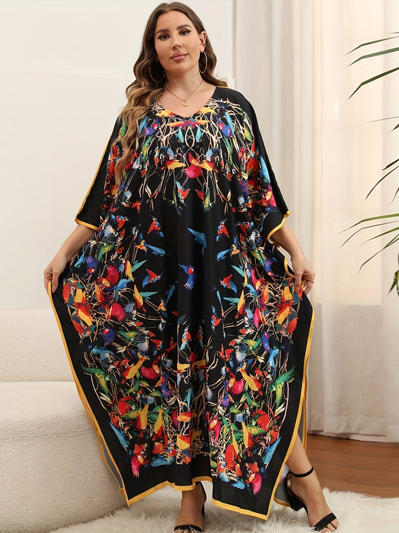 Colorful Bird Print V Neck Cover Up Dress
