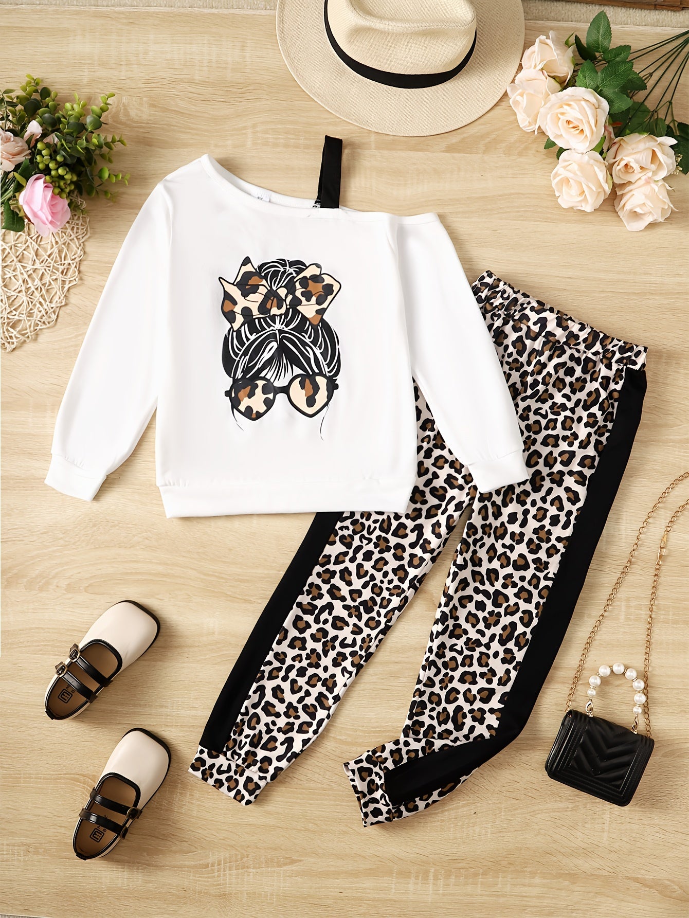 Girl's Camisole Sweatshirt & Leopard Pants Set Anime Print Casual Outfits