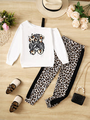 Girl's Camisole Sweatshirt & Leopard Pants Set Anime Print Casual Outfits