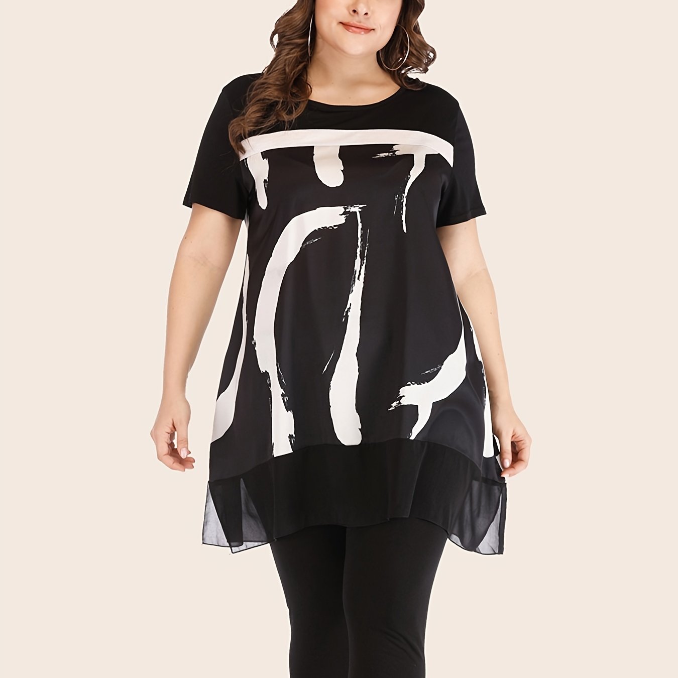 Mesh Graphic Print Top & Bodycon Pants Set Women's Plus Outfit 2 Pcs