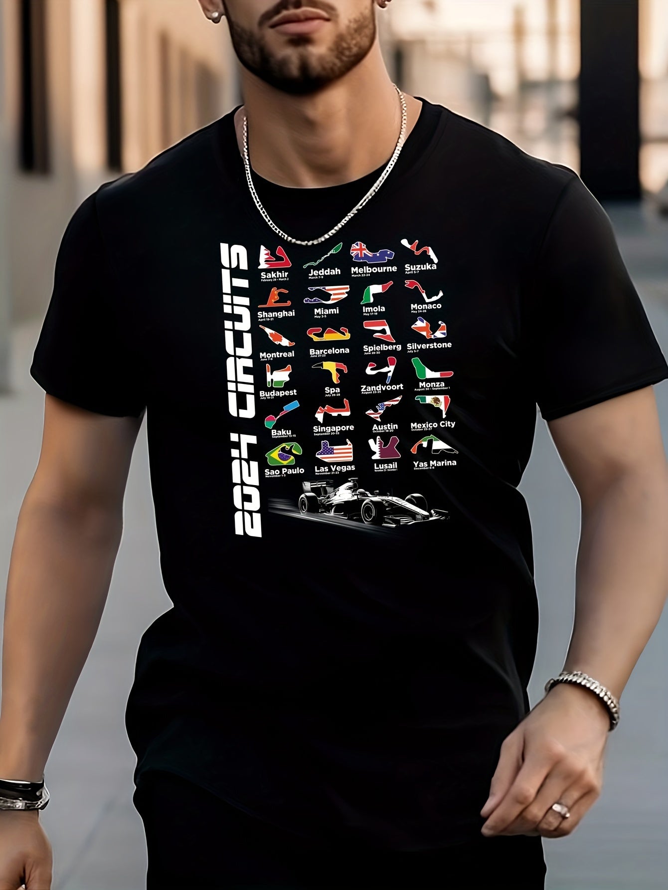 Racing Car Flag Print Men's Street Style T-shirt for Summer