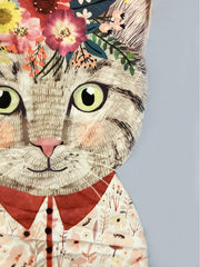 Colorblock Cat & Floral Print Button-Up Long Sleeve Blouse