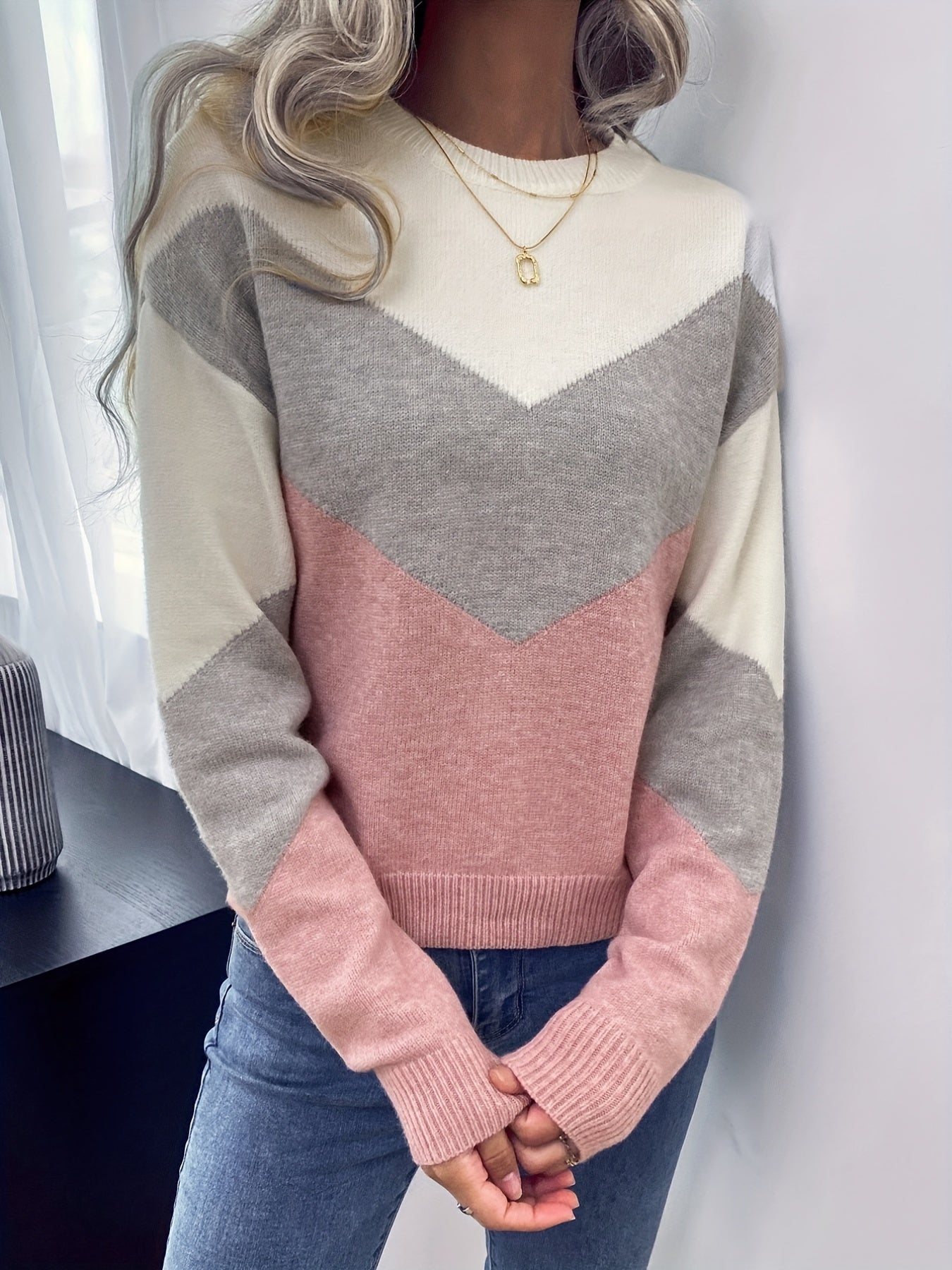 Block Crew Neck Sweater Long Sleeve Casual Fall Winter Women's