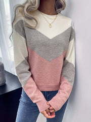 Block Crew Neck Sweater Long Sleeve Casual Fall Winter Women's