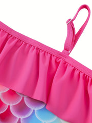 Girls' Mermaid Swimsuit with Fish Scale Graphic and Ruffled Trim