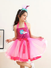 Girls Mermaid Princess Costume Tutu Dress Halloween Halter Neck Dress with Headb