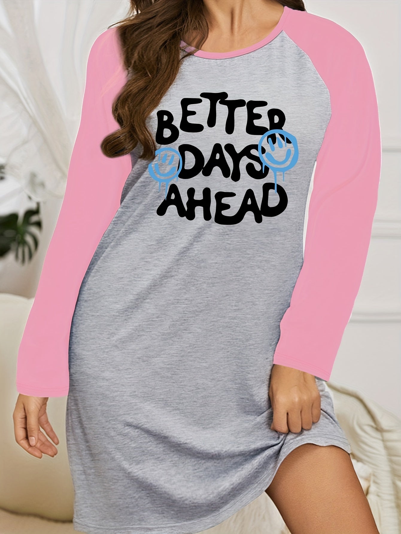 Funny Face Slogan Print Raglan Sleeve Tee Sleep Dress