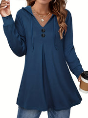 Button Front Drawstring Hoodie Sweatshirt Women's Clothing