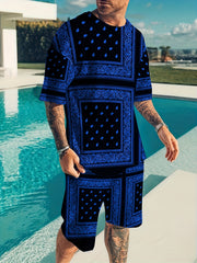 Bandana Print Men's 2Pcs Outfits Crew Neck Short Sleeve T shirt And Shorts Set
