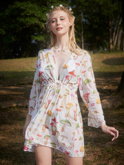 Mushroom Print Long Sleeve Cover Ups Semi Sheer High Stretch