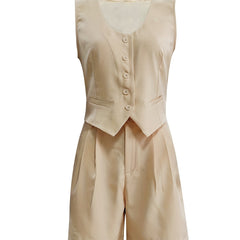 Preppy Solid Two-piece Set Sleeveless Vest & Pleated Shorts