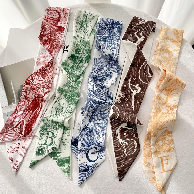 Letters Print Scarf Thin Long Small Silk Scarf Tie Bag Decoration