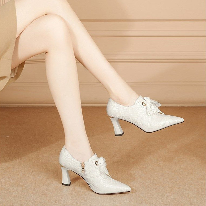Women's Pointed Toe Lace Booties Block Heel Shoes