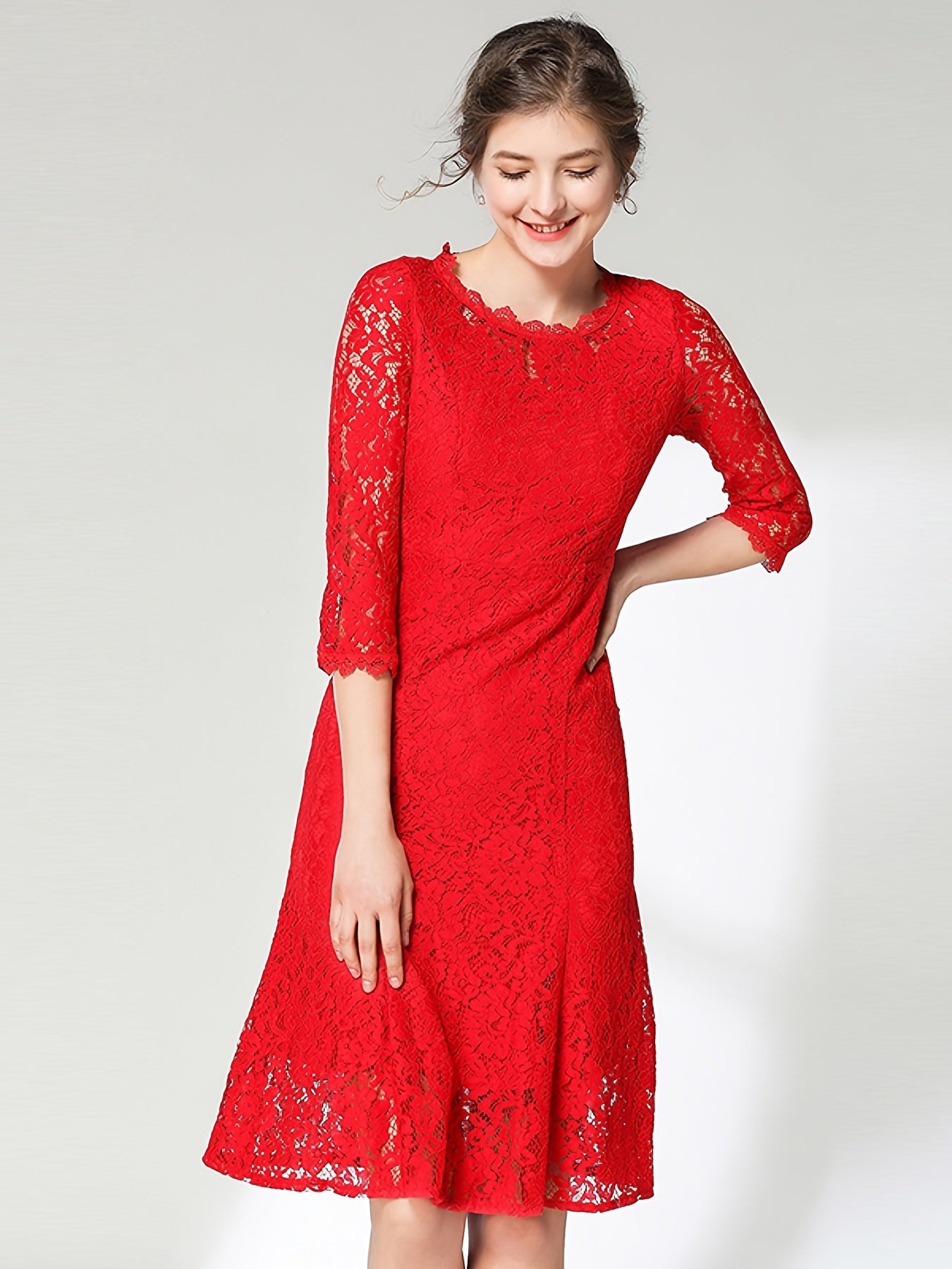 Lace Solid Dress 3/4 Sleeve Crew Neck Dress Women's Clothing