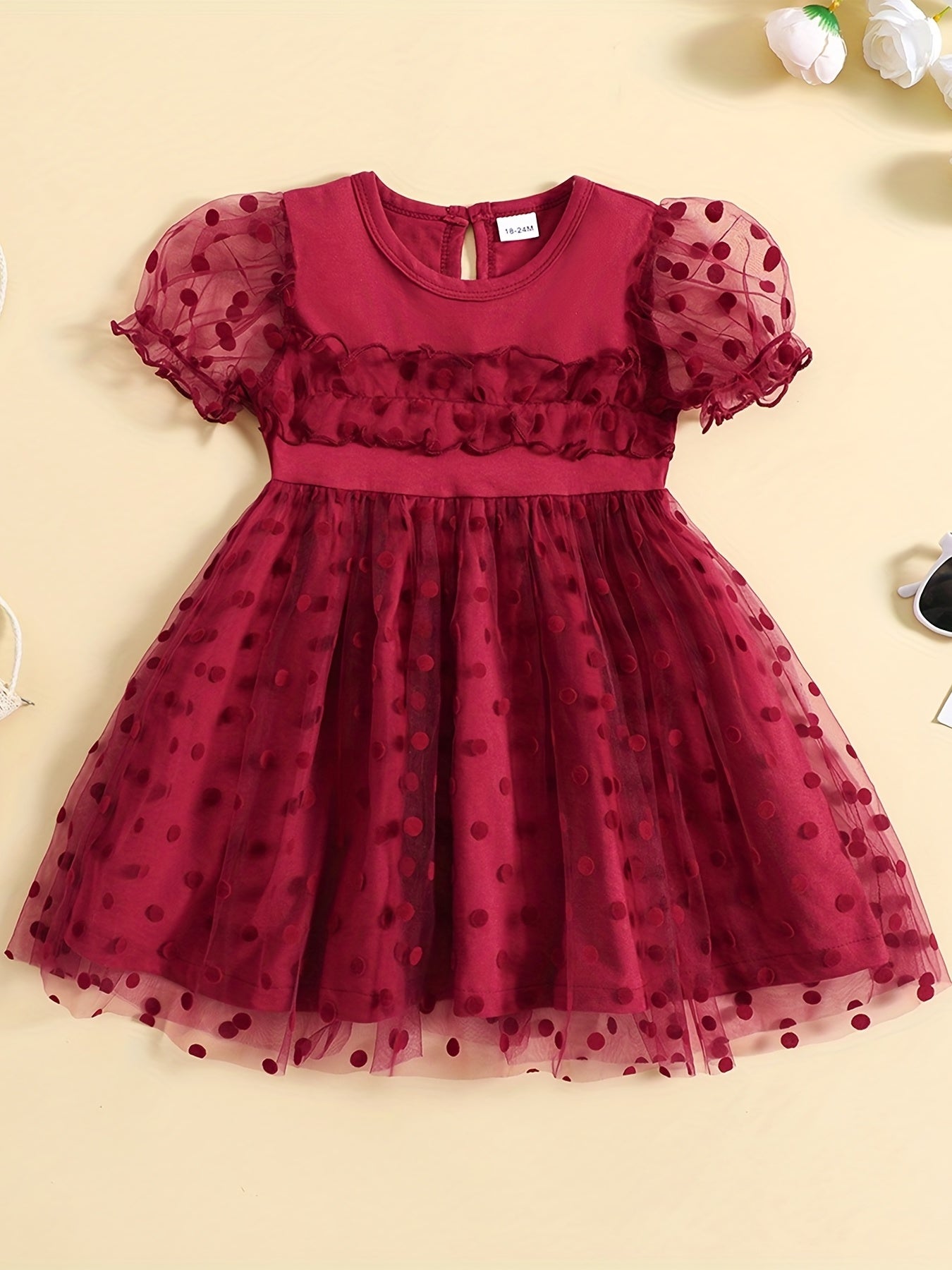 Toddler Girls Mesh Ruffled Dress with Polka Dot Graphic