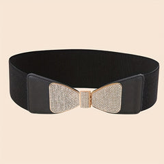 Rhinestone Bow Buckle Belt Wide PU Elastic Waistband