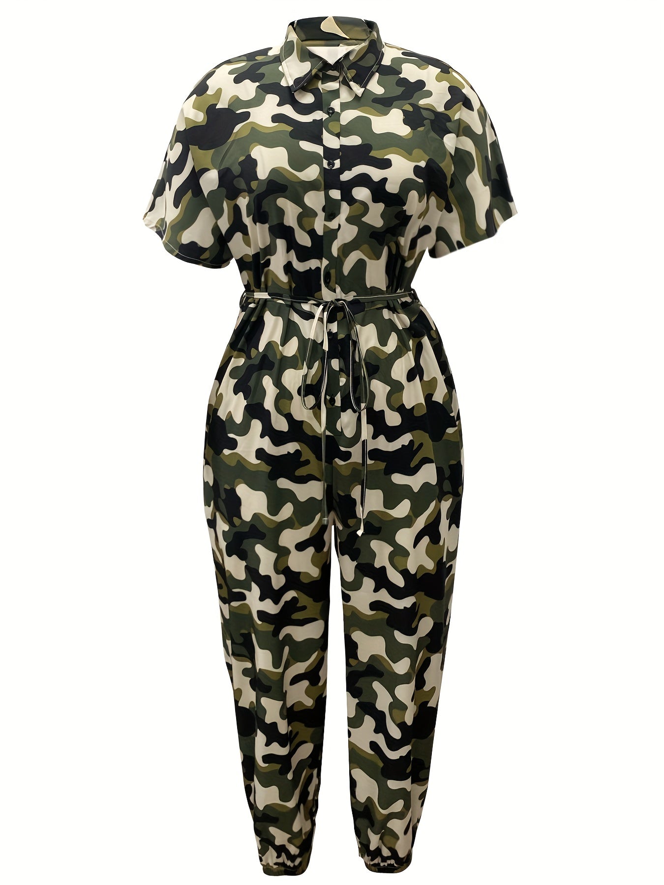Camo Print Button Up Jumpsuit with Belt