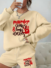 Women's Plus Size Hand & Letter Print Sweatshirt & Shorts Set