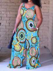 Abstract Print V Neck Wide Leg Cami Jumpsuit