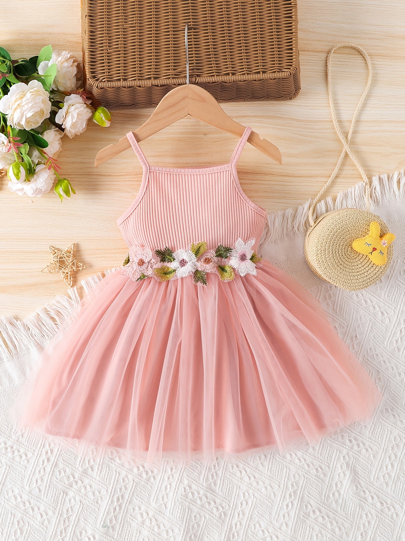 Toddler Girls Floral Embroidered Mesh Princess Cami Dress
