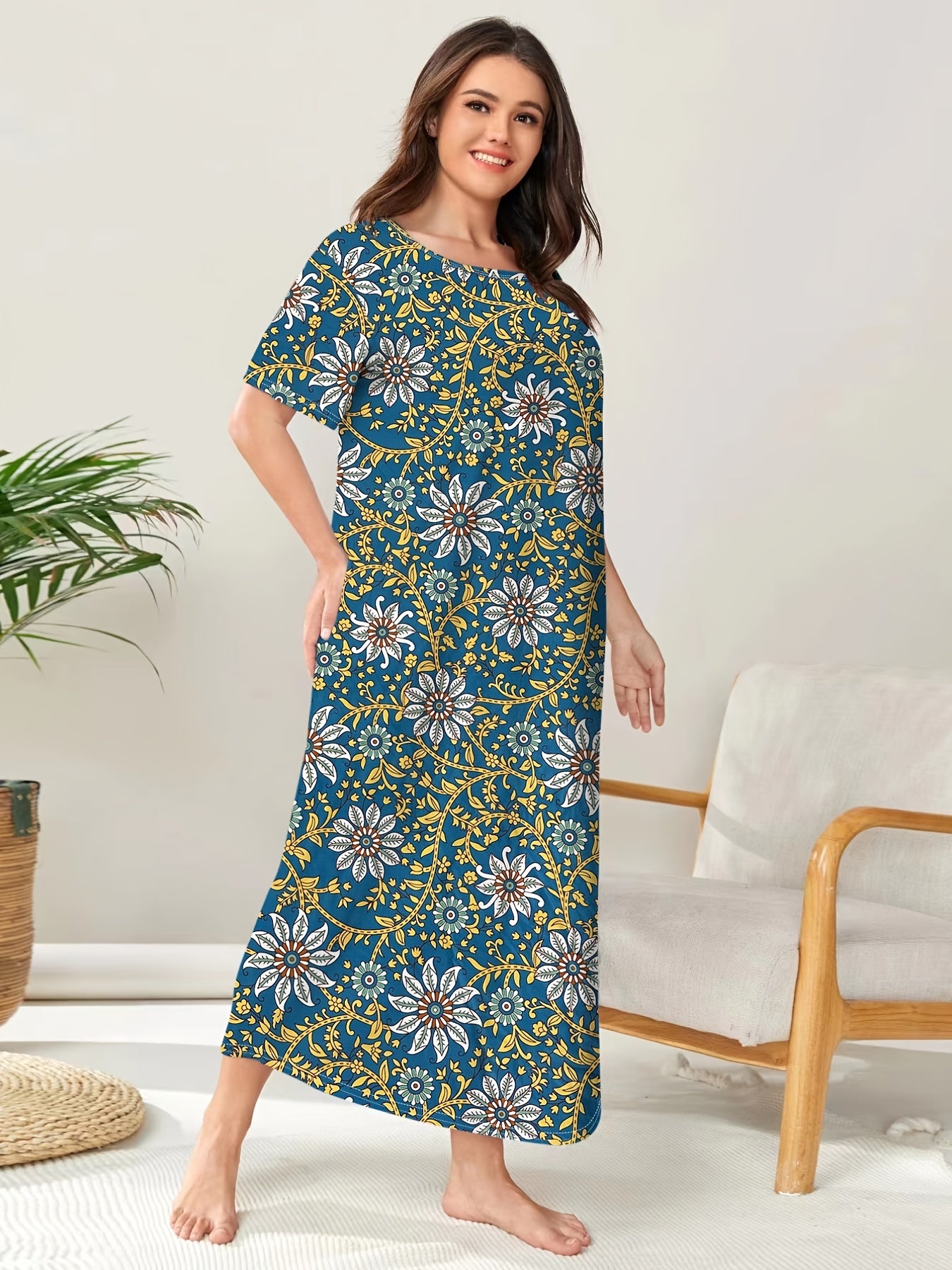 Boho Loungewear Dress Plus Size Floral Print Short Sleeve Round Neck