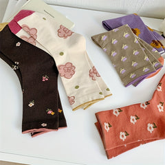 5 Pairs Floral Print Socks Mid Tube Women's Stockings