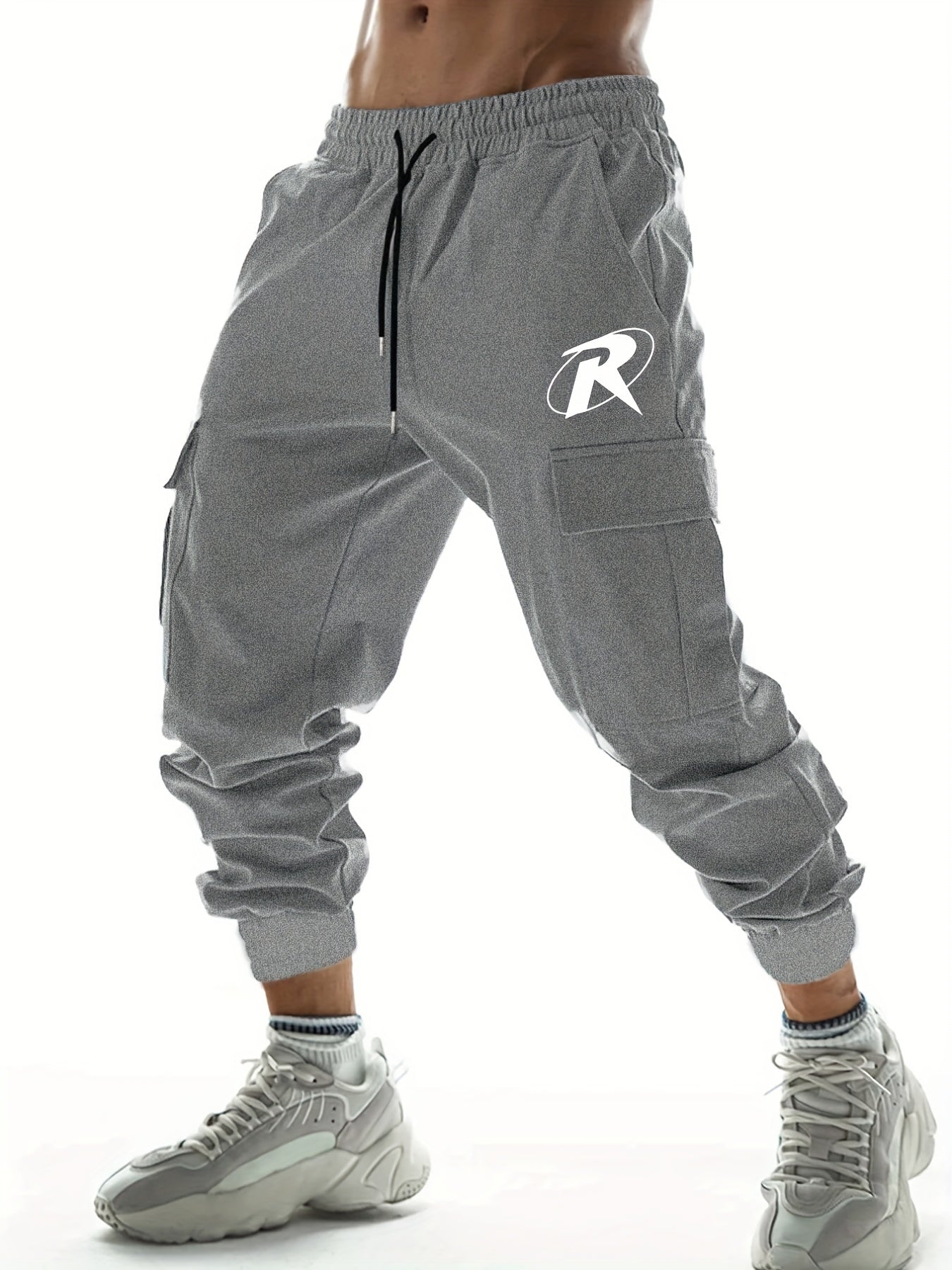 R Letter Print Cargo Pants for Men with Drawstring