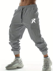 R Letter Print Cargo Pants for Men with Drawstring