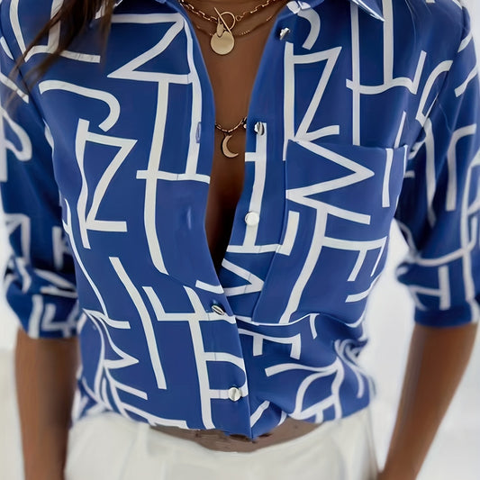 Letter Print Button Up Long Sleeve Blouse