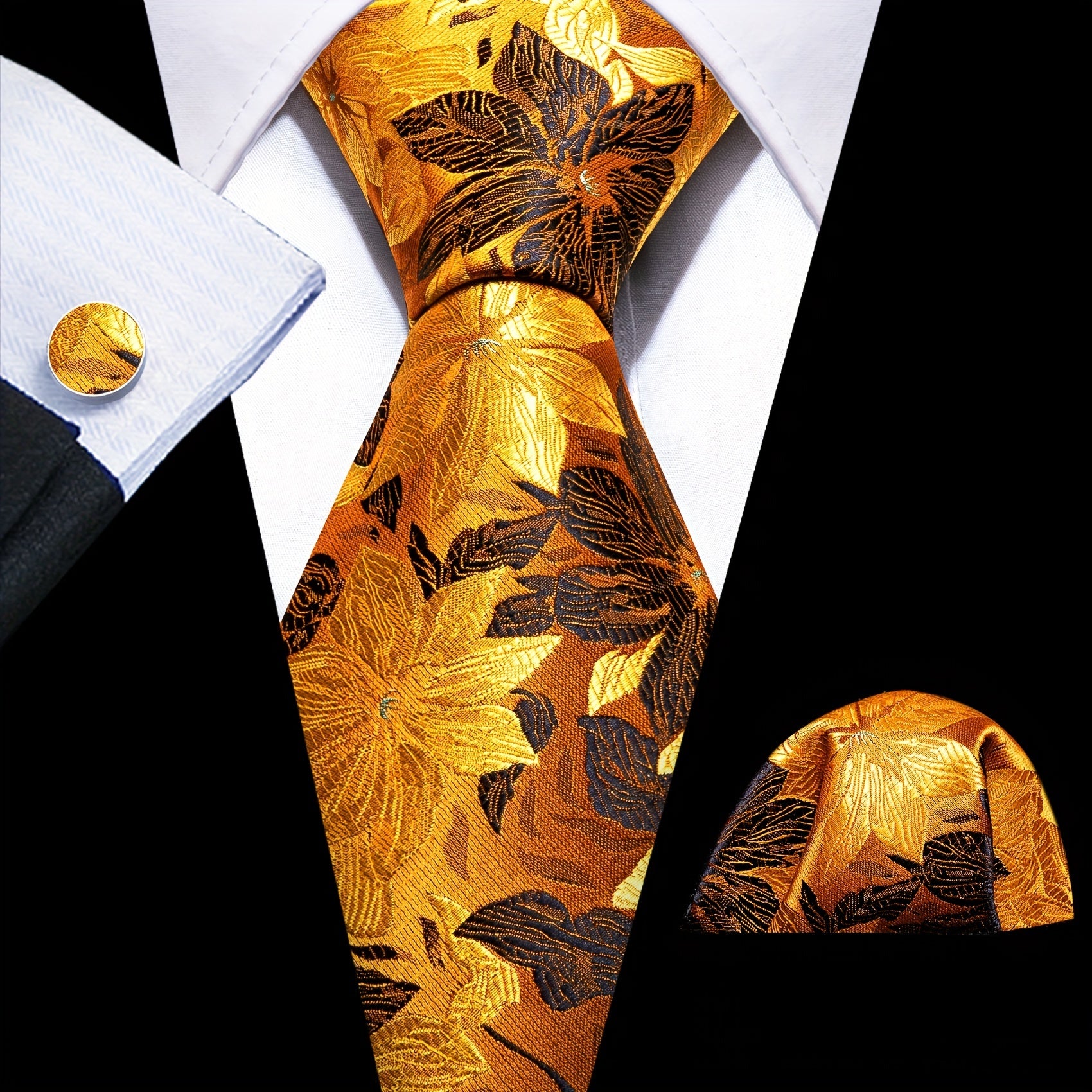 Barry Wang Vintage Men's Tie Set Silver Floral Jacquard Party