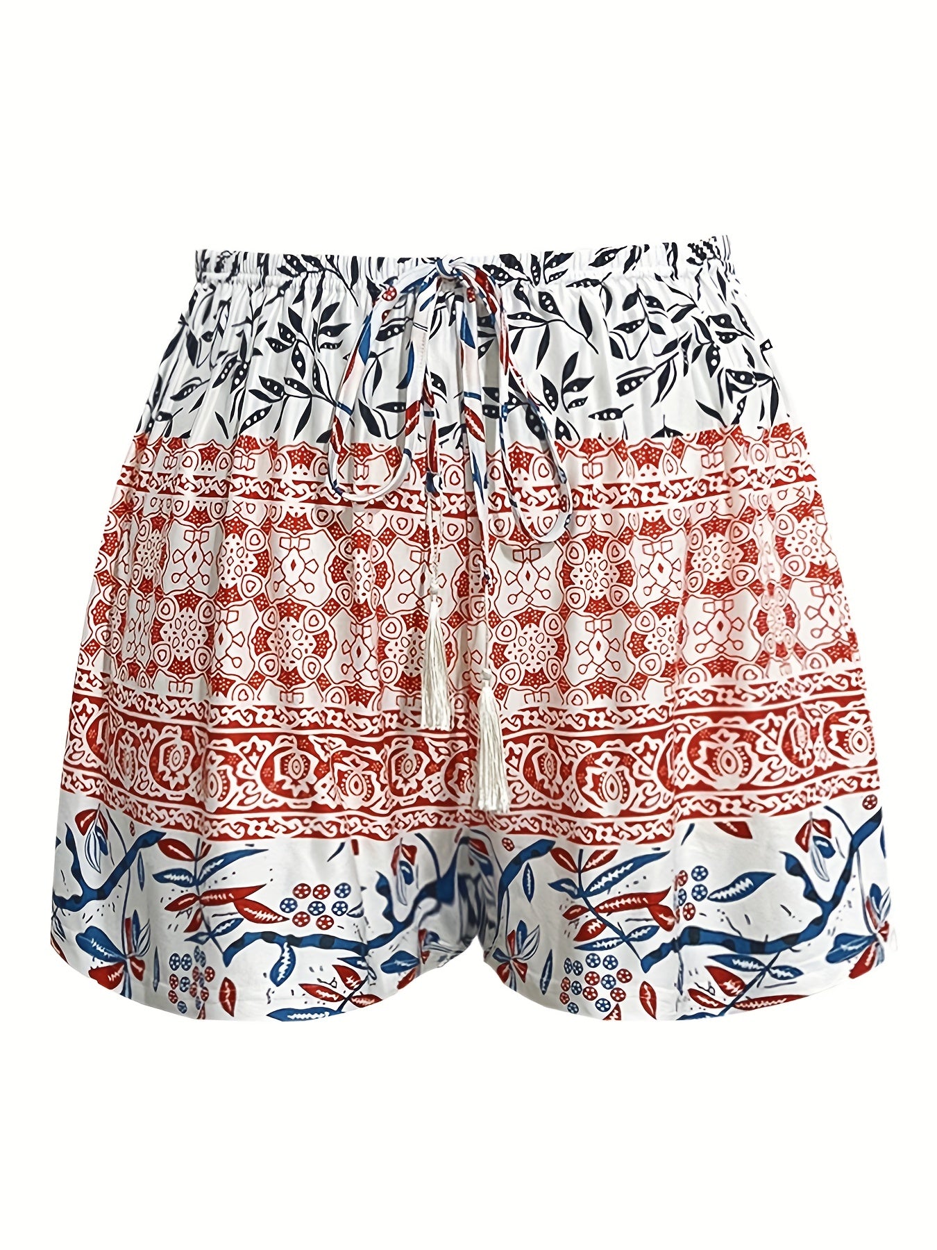 Boho Shorts Women's Plus Colorblock Floral Print Drawstring Tassel