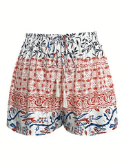 Boho Shorts Women's Plus Colorblock Floral Print Drawstring Tassel