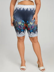 Women's Plus Denim & Butterfly Print High Rise Skinny Shorts