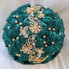 Red Velvet Roses Bridesmaid Bouquet with Crystal and Pearl Accents