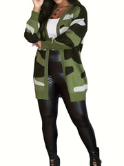 Women's Plus Camo Knitted Long Sleeve Open Front Cardigan