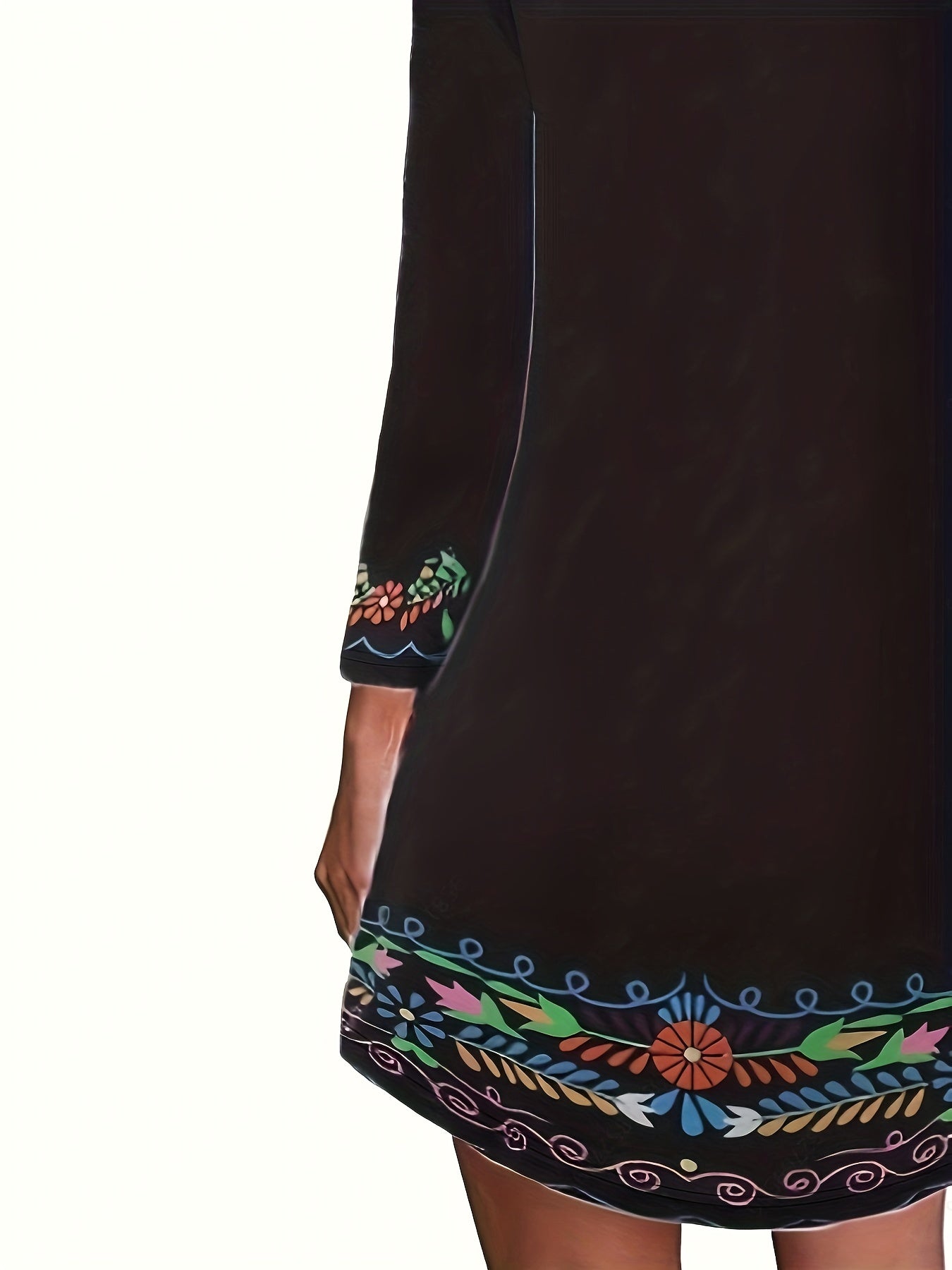 Border Floral Print Long Sleeve Round Neck Dress