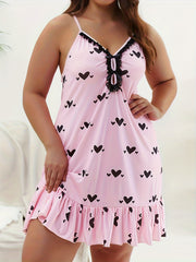 Heart Print Lace Trim V Neck Nightdress
