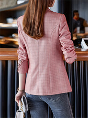 Plaid Pattern Button Front Blazer Lapel Long Sleeve For Office & Work