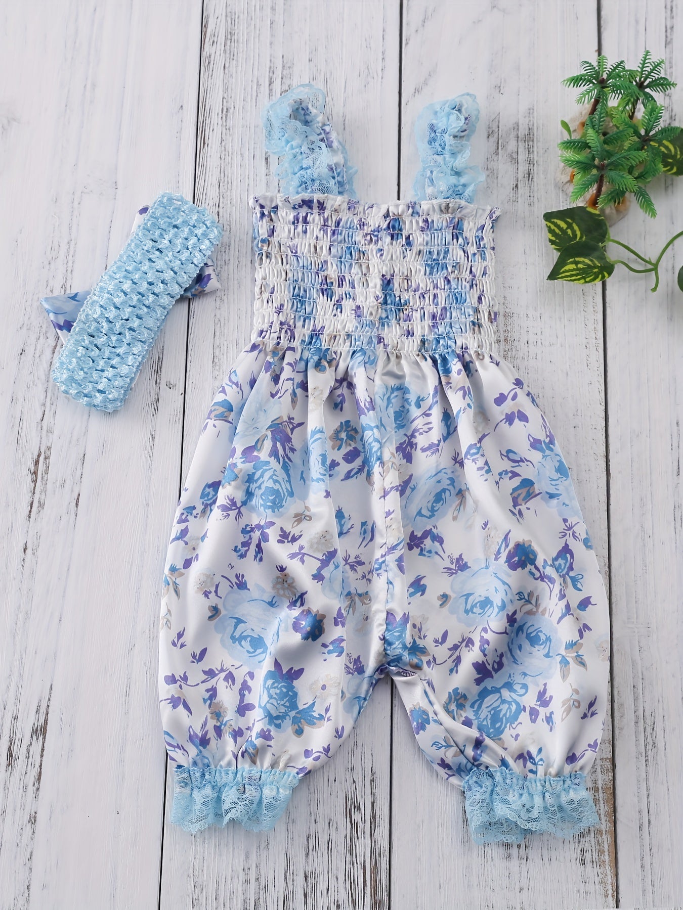 Baby Girls Romper Bloomers With Flower Print Lace Brim Bow Headband Set