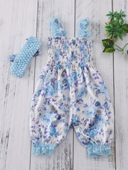Baby Girls Romper Bloomers With Flower Print Lace Brim Bow Headband Set