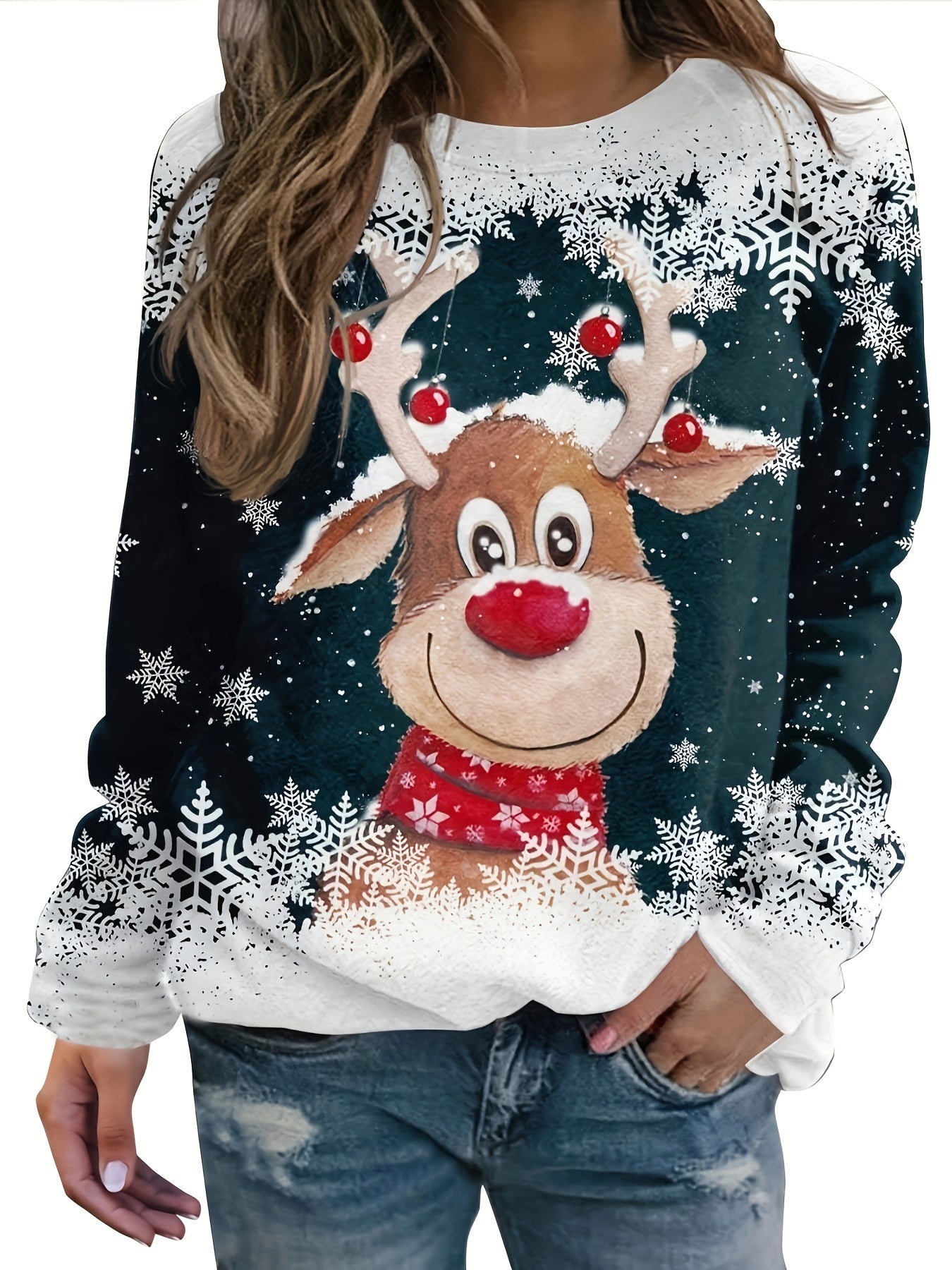 Women's Deer Graphic Christmas Sweatshirts Long Sleeve Pullover Tops
