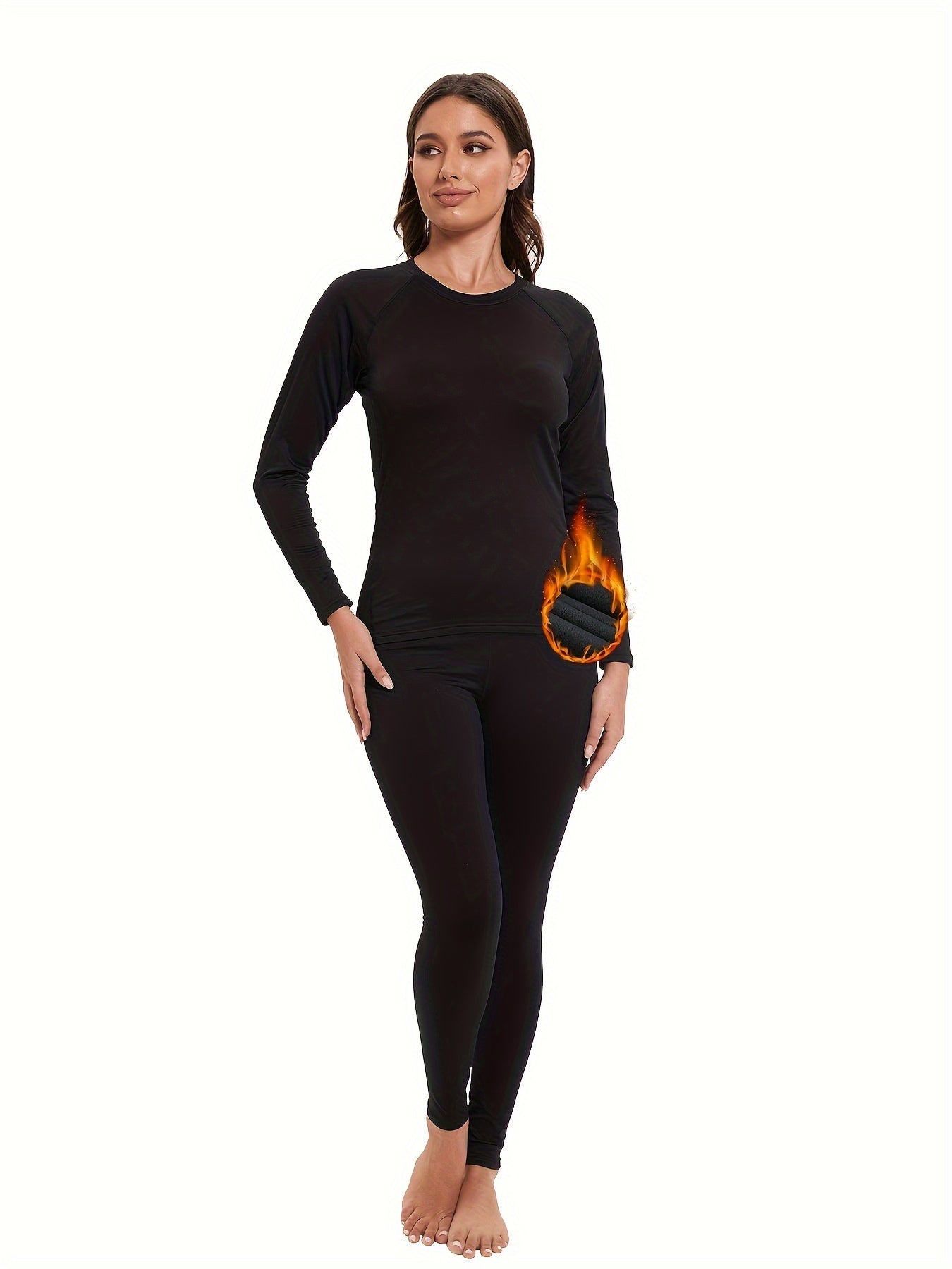 2Pcs Base Layer Set T Shirt & Fleece Pant Thermal Underwear Women's Activewear