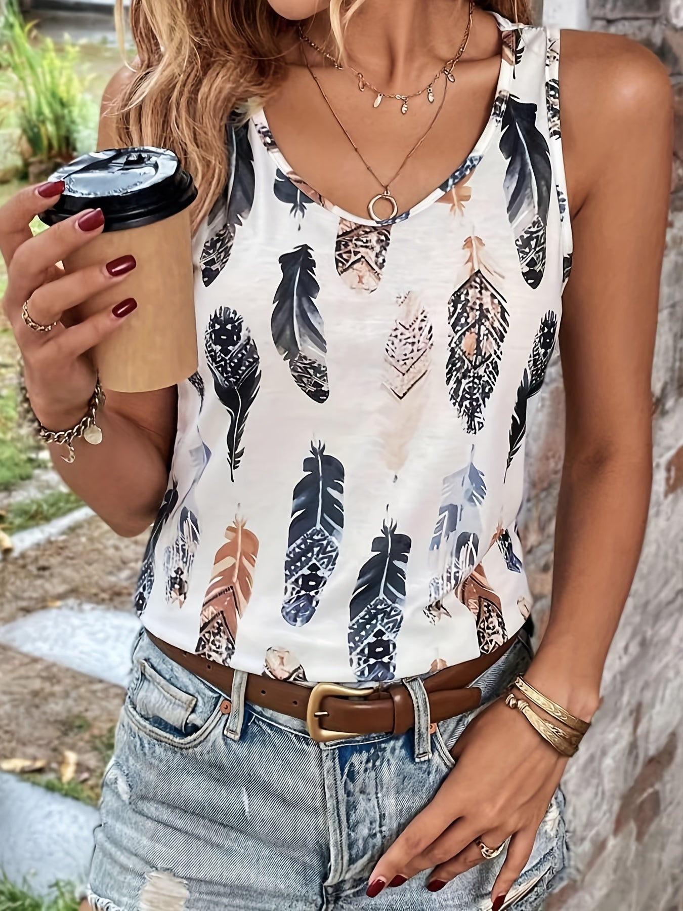 Feather Print Tank Top Sleeveless Summer Top