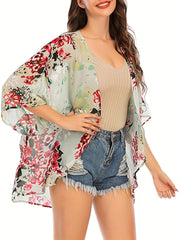 Floral Print Cover Up Shirt V Neck Loose Fit Semi Sheer Cover Up Shirt