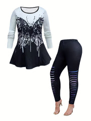 Gothic Outfit Set Women's Butterfly Print Tee & Leggings 2-Piece Set